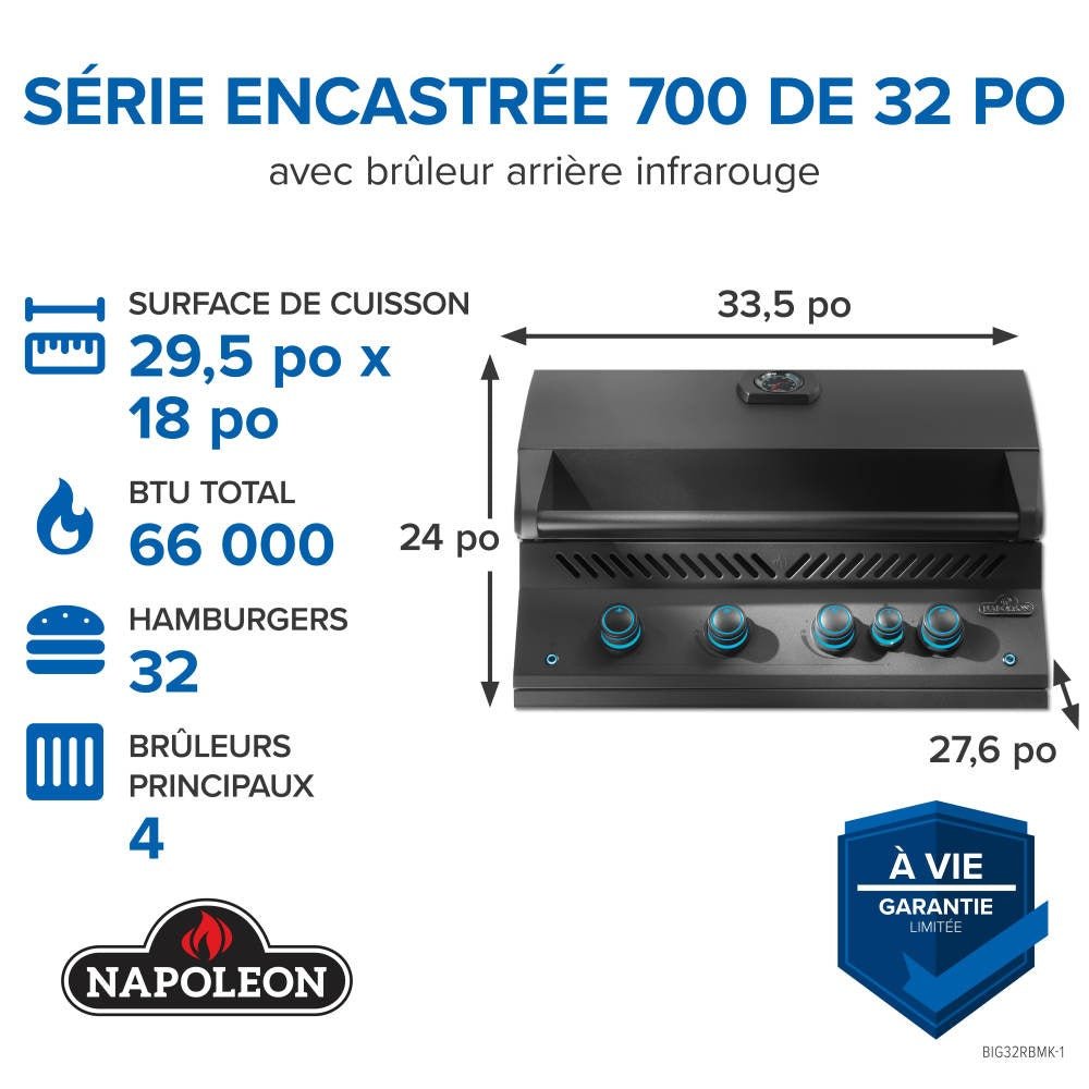 BIG32RBPMK-1 - Napoleon - Gril encastré de 32 po de la série 700 avec brûleur arrière infrarouge, propane, noir mat - BBQ Québec