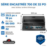 BIG32RBPMK-1 - Napoleon - Gril encastré de 32 po de la série 700 avec brûleur arrière infrarouge, propane, noir mat - BBQ Québec